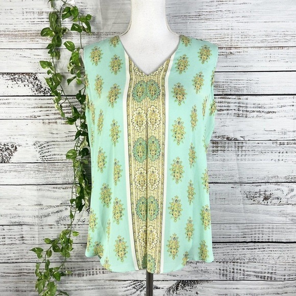 Rose + Olive Blouse Tank size Medium Mint Green Gold Paisley Pleated Sheer Boho - Picture 1 of 10